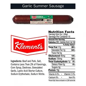 Klements Garlic Summer Sausage Hardwood Smoked 32 Oz 2 Pounds - 1 Unit Per Order