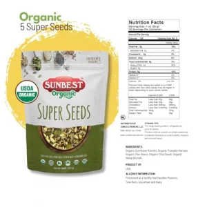 Sunbest Natural Organic Super Seeds 32 Oz 2 Lb Salad Toppings - Usda Organic Raw Pumpkin Chia Hemp Sunflower Flax Seeds Blend - Vegan Gluten Free Kos
