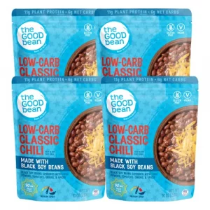 The Good Bean Heat And Eat Pouch - Low-Carb Classic Chili - 4 Pack 10 Oz Pouch - Simmered Black Soybeans With Chili Powder - Pre-Cooked Beans With Go