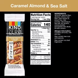 Kind Zero Added Sugar Bars Keto Snack Caramel Almond And Sea Salt Good Source Of Fiber Gluten Free Low Sugar 5G Protein 30 Count