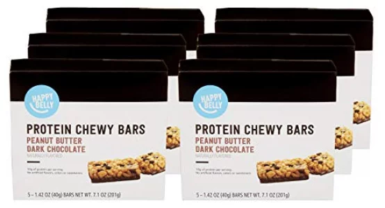 Amazon Brand - Happy Belly Protein Chewy Bars Peanut Butter Dark Chocolate 30 Count 6 Packs Of 5