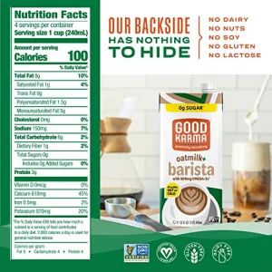 Good Karma Unsweetened Oatmilk Barista Blend 32 Ounce Pack Of 6 800Mg Omega -3S Plant-Based Non-Dairy Milk Creamer Alternative With Oats Flax And Pe