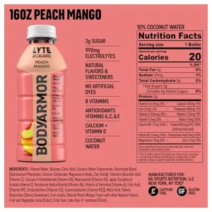 Bodyarmor Lyte Sports Drink Low-Calorie Sports Beverage Peach Mango Coconut Water Hydration Natural Flavors With Vitamins Potassium-Packed Electrolyt