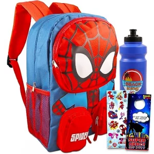 Marvel Spiderman 16 Backpack for Boys Set - Bundle Stickers Water Bottle More for Boys 4-6