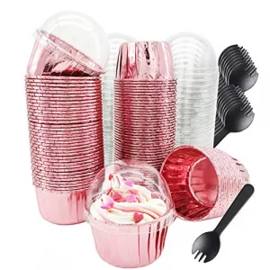Cupcake Liners with Dome Lids 100PackFree-Air 3.5Oz Mini Foil Baking Cups Muffin LinersDisposable Muffin Tin Cupcake Cups for Individual Bakery Weddi