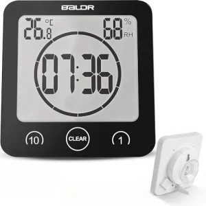 BALDR Digital Shower Clock with Timer - Black - Water-Resistant Shower Timer Countdown Timer Clock with Temperature and Humidity Digital Clock for Sh