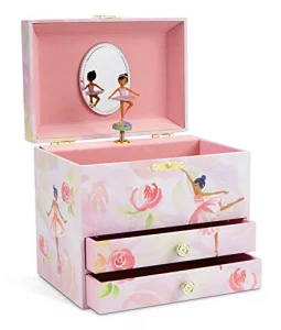 Jewelkeeper Ballerina and Roses Girls Musical Jewelry Box 2 Pullout Drawers Swan Lake Tune