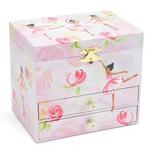 Jewelkeeper Ballerina and Roses Girls Musical Jewelry Box 2 Pullout Drawers Swan Lake Tune