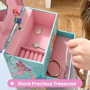 Jewelkeeper - Musical Jewellery Box for Girls with 2 Storage Drawers Rainbow Mermaid and Gold Leaf - Melody Sobre las Olas Olas