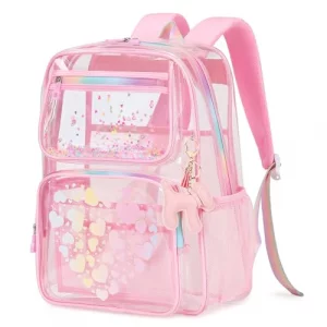 MOONBABY Lovely Clear Backpack for School Girls Heavy Duty TPU Transparent Backpack Stadium Events Approved Clear Bookbag Pink