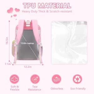MOONBABY Lovely Clear Backpack for School Girls Heavy Duty TPU Transparent Backpack Stadium Events Approved Clear Bookbag Pink