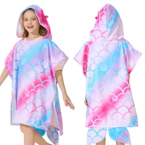 WERNNSAI Mermaid Hooded Beach Towel for Kids - 27 x 27 Sand Free Poncho Quick Dry Soft Bath Swim Towel for Girls Pool Travel Shower