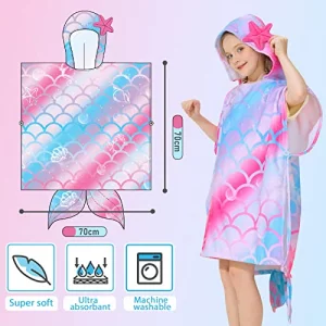 WERNNSAI Mermaid Hooded Beach Towel for Kids - 27 x 27 Sand Free Poncho Quick Dry Soft Bath Swim Towel for Girls Pool Travel Shower