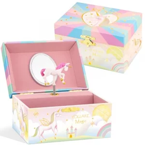 AA Music Jewelry Box for Girls with Mirror Paired with Magic Unicorn Theme Rotating Playback the Tune for Beautiful Dream Pink-Purple