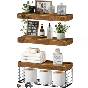 QEEIG Bathroom Shelves Over Toilet Wall Mounted Floating Shelves Farmhouse Shelf Toilet Paper Storage Small 16 inch Set of 3 Rustic Brown 019-BN3
