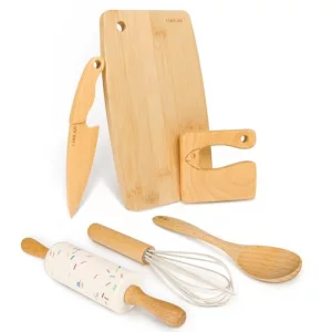 LUOLAO Wooden Kids Safe Knife and Kids Baking Set for Real Cooking 6 PCS Toddler Montessori Kitchen Tools Cooking and Baking for Kids Little Chefs