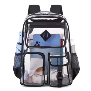 PIG PIG GIRL Clear Backpack for School Heavy Duty PVC Transparent Bookbag for Boys Girls Stadium Approved See Through Backpack for Women Men Black