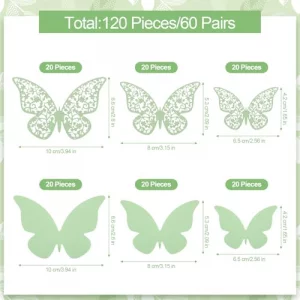 Outus 120 Pieces Green 3D Layered Butterfly Wall Decor Removable Butterfly Stickers Hollow Mural Decals for Birthday Cake Decorations Crafts Bouquet