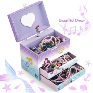 AA Music Jewelry Box for Girls with Double Drawers and Big Storage Paired with Cute Mermaid Theme Rotating Playback the Tune for Beautiful Dream Ligh