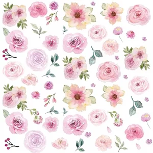 AOWDIAO 60 Pcs Flower Peel and Stick Wall Decals Watercolor Vinyl Peony Floral and Leaves Wall Stickers Pastel Flower Decor for Girls Bedroom Nursery