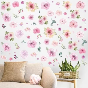 AOWDIAO 60 Pcs Flower Peel and Stick Wall Decals Watercolor Vinyl Peony Floral and Leaves Wall Stickers Pastel Flower Decor for Girls Bedroom Nursery