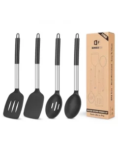 Pack of 4 Silicone Cooking Utensils Set Non Stick Large Solid Spatulas Heat Resistant Black Slotted Spoons Ideal BPA Free Kitchen Turners for Frying