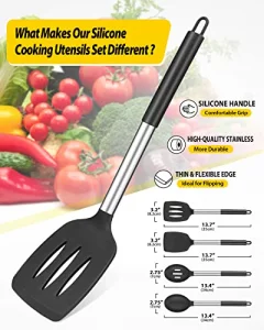 Pack of 4 Silicone Cooking Utensils Set Non Stick Large Solid Spatulas Heat Resistant Black Slotted Spoons Ideal BPA Free Kitchen Turners for Frying