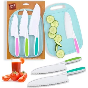 GONEJALL Kids Knife Set for Real Cooking 4 Pieces Toddler Knife Set Nylon Kitchen Baking Knife with Cutting Board Firm Grip Serrated Edges Kids Knive