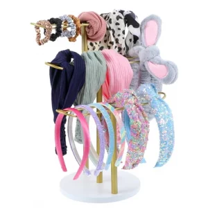 JOUTYFOR Metal Headband Holder 3-Tier Headband Organizer Hair Hoop Display Stand with Wooden Base Hairband Organizer for Women Bracelets Bangle Bedro
