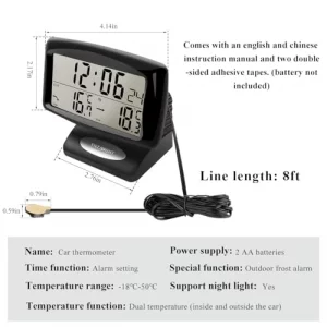 SHMZK Car Digital Thermometer Clock 2 in 1 Easy to Read Car Indoor Outdoor Thermometer with LCD Backlight Vehicle Luminous Clock Temperature Meter C