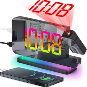 SZELAM Projection Alarm Clock 7.4 in Digital Mirror Clockswith 180 Rotatable Projector RGB Night LightUSB C Charger Port Auto Dimmer LED Desk Clock f