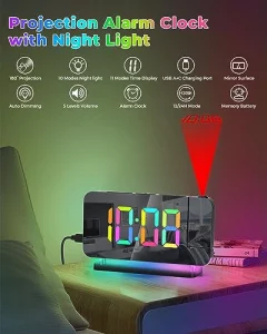 SZELAM Projection Alarm Clock 7.4 in Digital Mirror Clockswith 180 Rotatable Projector RGB Night LightUSB C Charger Port Auto Dimmer LED Desk Clock f