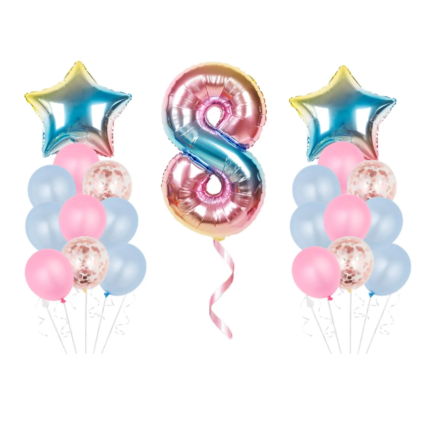 8th Birthday Gold Balloon Decorations Kit - Number 8 Foil Balloon With Stars & Happy Birthday Banner