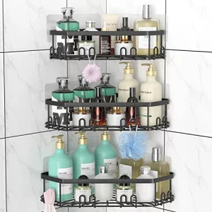 STEUGO Corner Shower Caddy 3 Pack Adhesive Shower Corner Organizer Shelves No Drilling Stainless Steel Shower Storage Rack with 12 Hooks for Bathroom