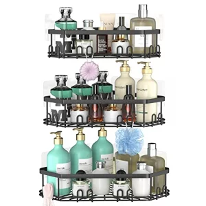 STEUGO Corner Shower Caddy 3 Pack Adhesive Shower Corner Organizer Shelves No Drilling Stainless Steel Shower Storage Rack with 12 Hooks for Bathroom