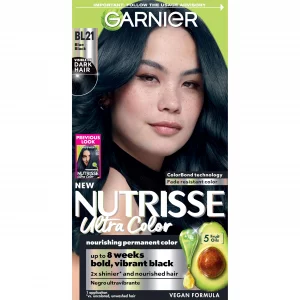 Garnier Hair Color Nutrisse Ultra Color Nourishing Creme, Bl21 Reflective Blue Black (Blackberry Mojito) Permanent Hair Dye, 1 Count (Packaging May V