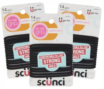 Scunci Black Gel Elastics, No-Slip Grip, Strong Hold-Ponytailers, 14 Pcs per Pack (3-Pack)