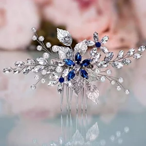 Olbye Wedding Hair Comb Blue Rhinestone Bridal Hair Accessories for Bride and Bridesmaids Wedding Hair Piece Silver