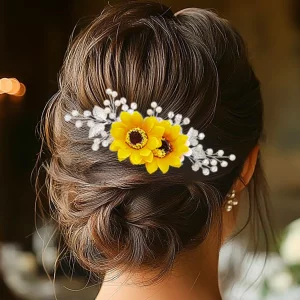 Jeairts Sunflower Bride Wedding Hair Comb Crystal Pearl Bridal Hair Pieces Leaf Side Combs Hair Dress Decorative Hair Accessories For Women And Girls