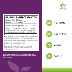 Terry Naturally Tri-Iodine 25 Mg - 25000 Mcg Iodine, 30 Vegan Capsules - Supports Hormone Balance, Promotes Breast & Prostate Health - Non-Gmo, Glute