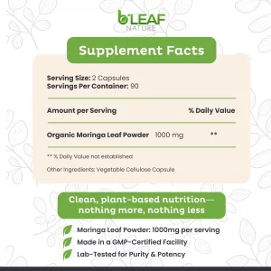 Organic Moringa 180 Capsules 1000Mg - Immune System And Energy Booster - Pure Moringa Oleifera Leaf Powder - Nutritional Supplement Vegetarian Ca