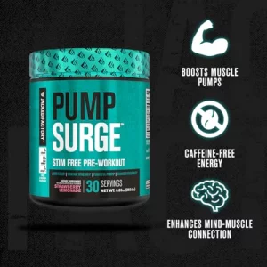 Pumpsurge Caffeine Free Preworkout For Men & Women - Stim Free Pre Workout Powder, Nitric Oxide Pump Pre Workout, & Nootropic Supplement - Intense Pu