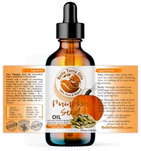 Bella Terra Oils Pumpkin Seed Oil. 4Oz. 100% Pure. Cold-Pressed. Unrefined. Chemical-Free. Rich In Zinc And Vitamin C. Deeply Hydrating. Natural Mois