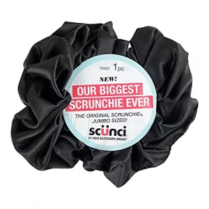 Scunci By Conair The Original Scrunchie Jumbo Size In Washable Black Nylon Silk-Like Fabric, Perfect For Wrist-To-Hair Versatility, 1 Count
