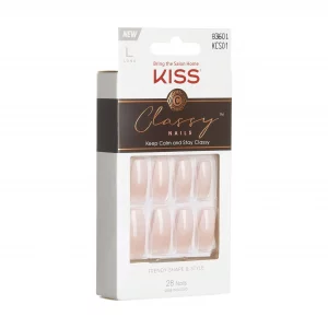 Kiss Classy French Nail Manicure Kit With Gel Finish, Long, Coffin Shaped, Includes Mini Nail File, Manicure Stick, 28 Fake Nails & Pink Glue (Net Wt