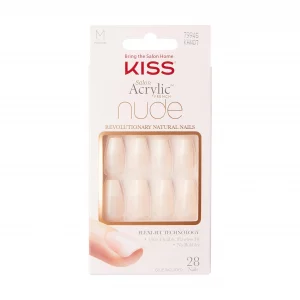 Kiss Salon Acrylic French Manicure Set, Leilani , Medium Length, Nude Square Press-On Nails, Includes Pink Gel Nail Glue 0.07 Oz, Mini Nail File