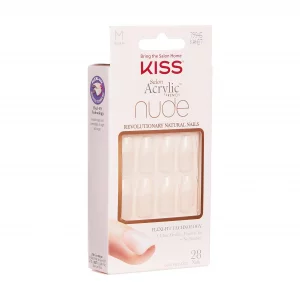 Kiss Salon Acrylic French Manicure Set, Leilani , Medium Length, Nude Square Press-On Nails, Includes Pink Gel Nail Glue 0.07 Oz, Mini Nail File