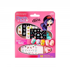 KISS Broadway Little Diva Nail Art Kit, Safe On Natural Nails, Mom Approved, Over 250 Nail Stickers, 48 Ready-To-Wear Petite Fake Nails & 48 Press-On