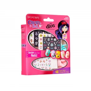 KISS Broadway Little Diva Nail Art Kit, Safe On Natural Nails, Mom Approved, Over 250 Nail Stickers, 48 Ready-To-Wear Petite Fake Nails & 48 Press-On