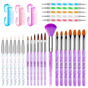 AROIC 28 Pcs Acrylic Nail Brush Set Including 7 Pcs UV Gel Nail Art Brushes, 6 Pcs 3D Nail Extension Brush, 5Pcs Double Ended Dotting Nail Pen For Na